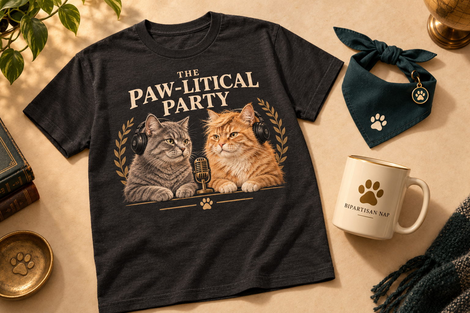 Concept flat lay of a Paw-litical Party T-shirt, mug, and cat bandana